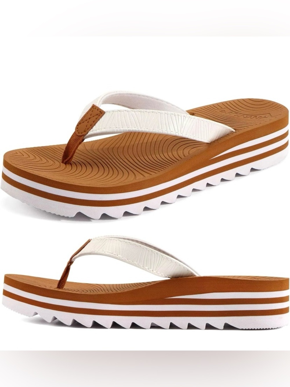 Kuailu White and Brown Platform Thong Sandals